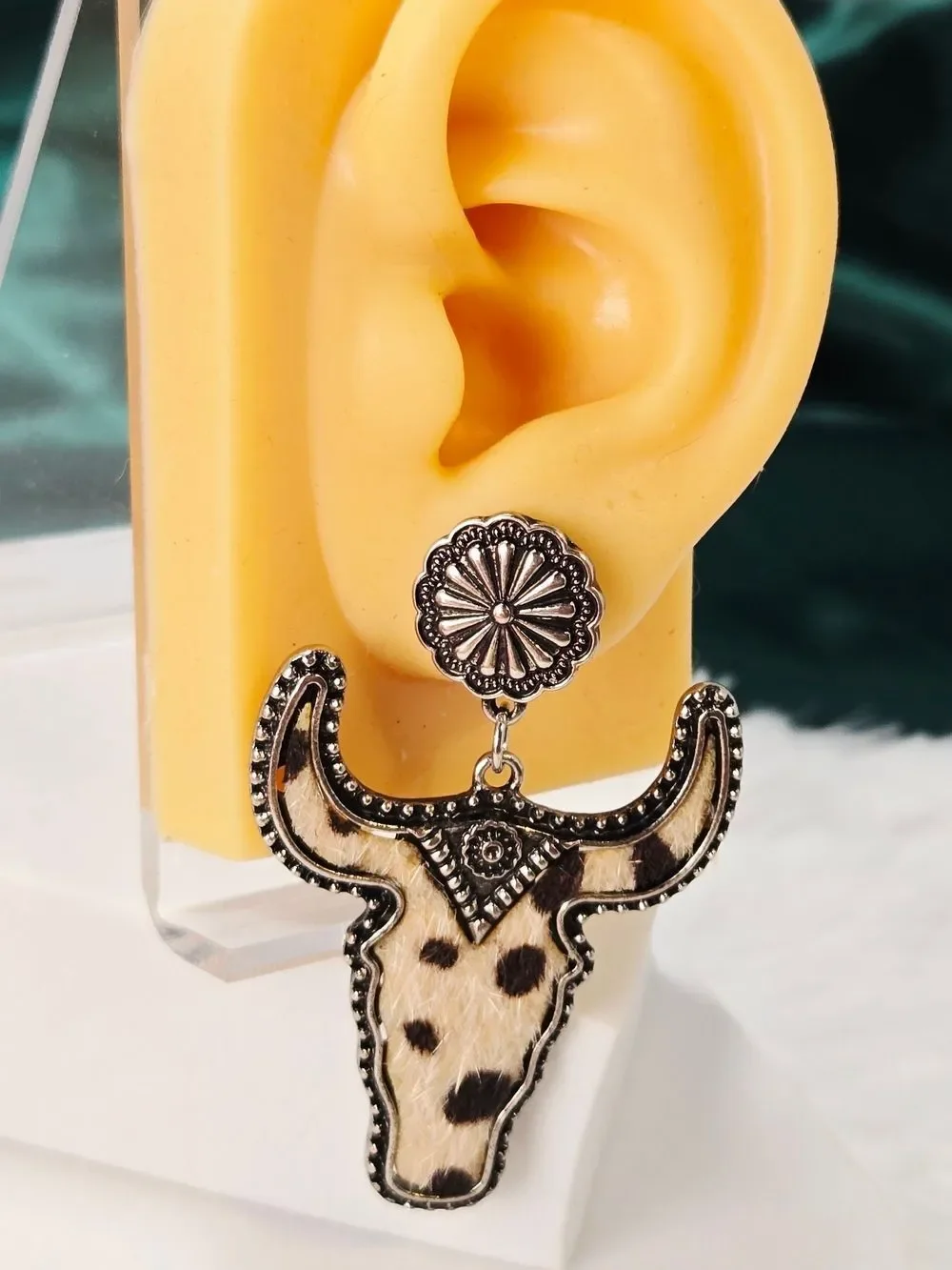 Cowhide Steer Head Earrings Silver Western Leopard Jewelry Coastal Cowgirl Glam